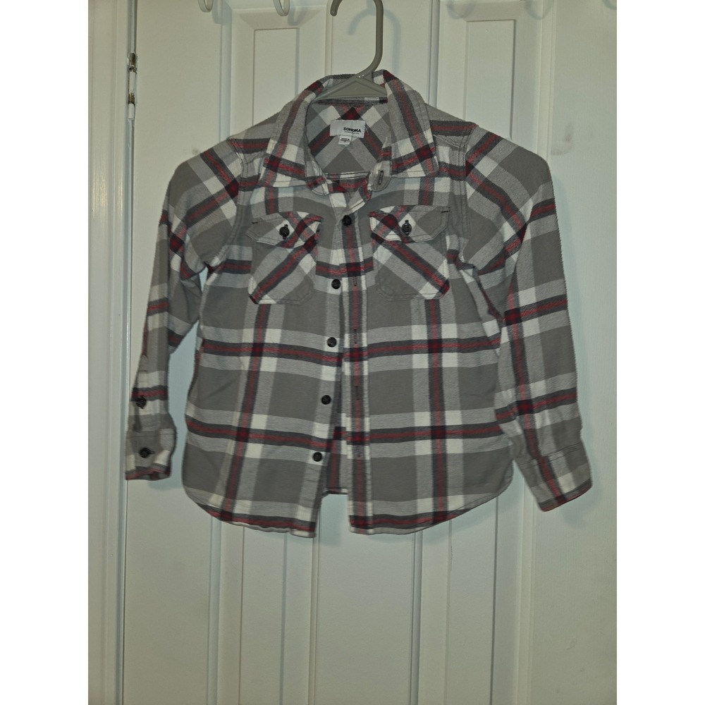 Sonoma Goods For Life Kids Grey Plaid Flannel Button Down Shirt Size 7